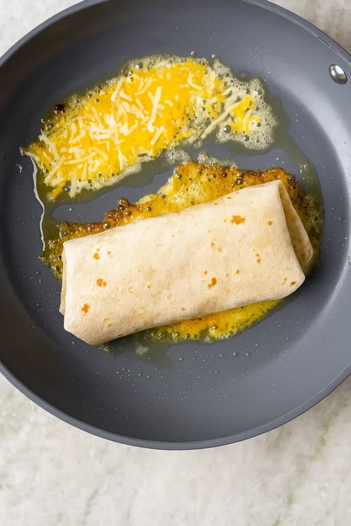 Grilled cheese burrito cooking in a skillet with melted cheddar