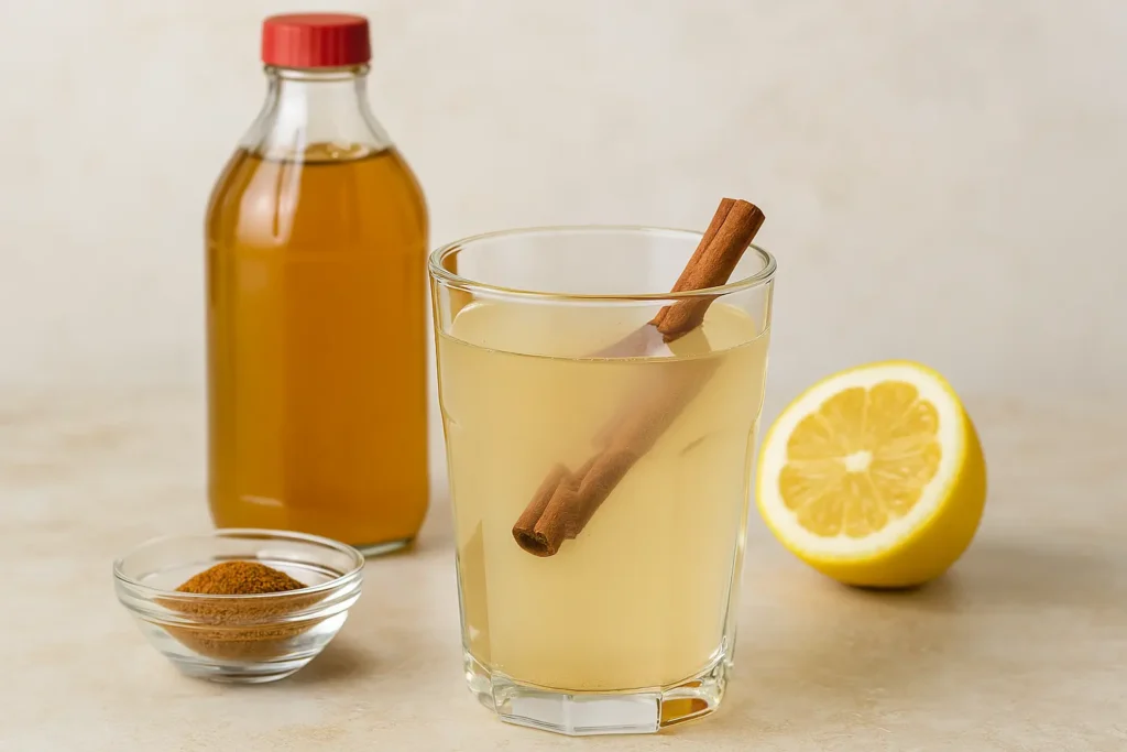 brazilian mounjaro drink with cinnamon, lemon, and apple cider vinegar bottle