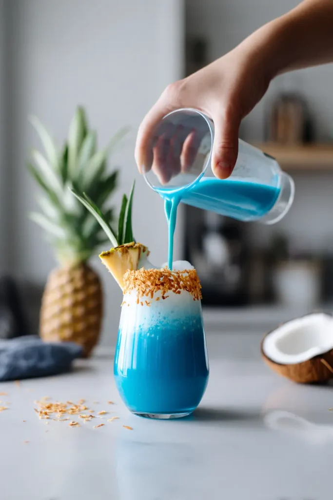 Pouring Ocean Love Colada Recipe into coconut-rimmed glass