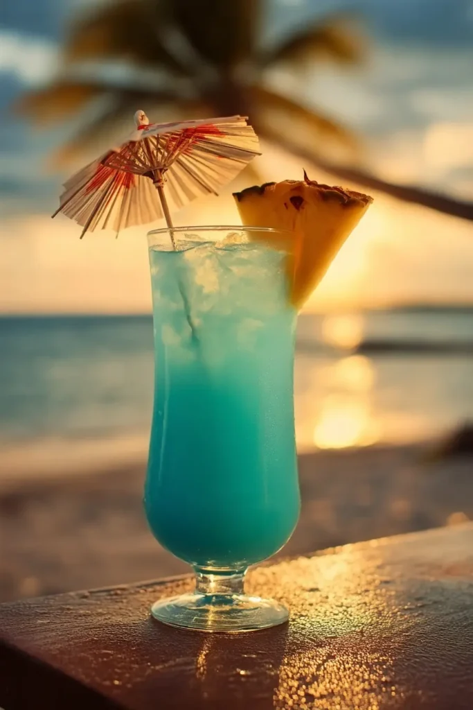 Caribbean Ocean Love Colada Recipe drink at golden hour with palm trees