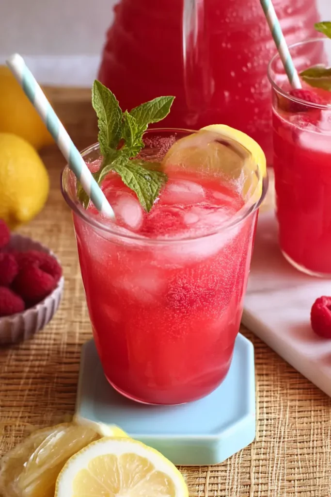 Refreshing Healthy Raspberry Lemonade Refresher with lemon slice and mint