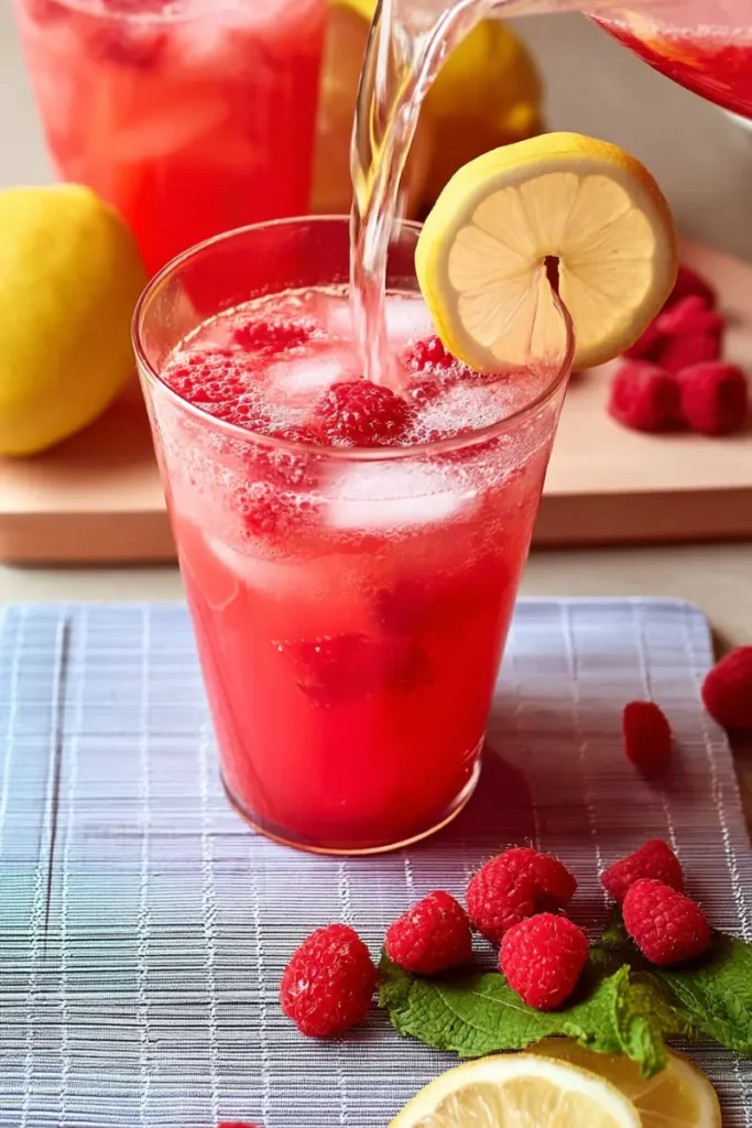 Healthy Raspberry Lemonade Refresher being poured over ice with raspberries